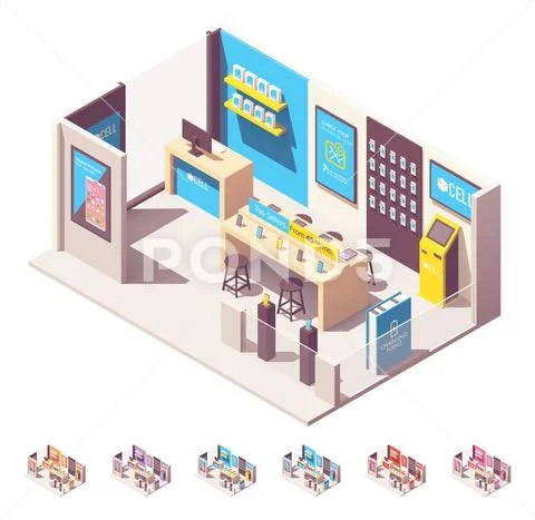 Vector isometric mobile phone operator shop Stock Illustration