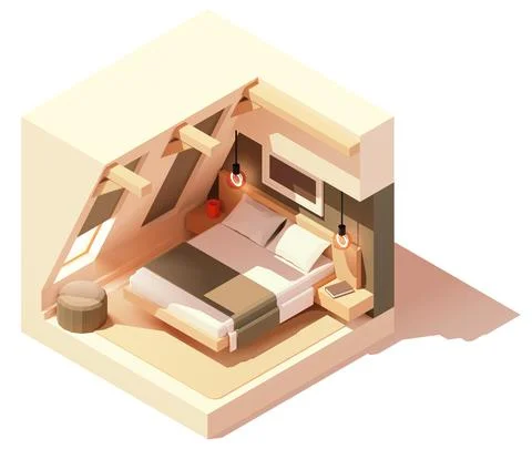 Vector isometric modern attic bedroom interior illustration Stock Illustration