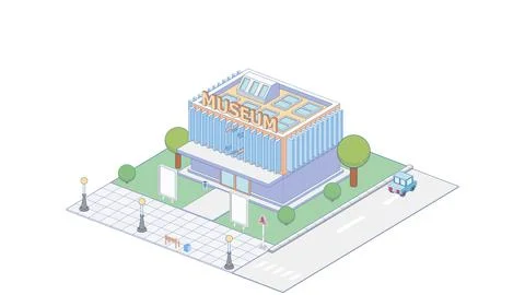 Vector isometric modern museum building with bench 스톡 일러스트