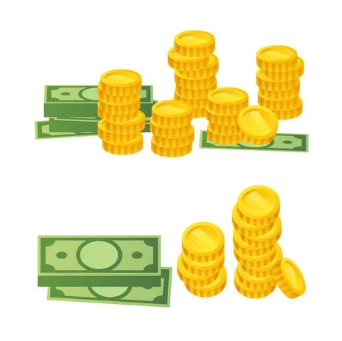 Vector isometric money illustration. Flat cartoon bank notes and gold coins Illustrazione stock