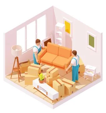 Vector isometric movers carrying sofa in room Stock Illustration