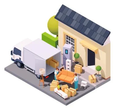 Vector isometric movers at house relocation Stock Illustration