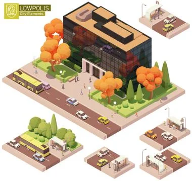 Vector isometric office building and bus stop Stock Illustration