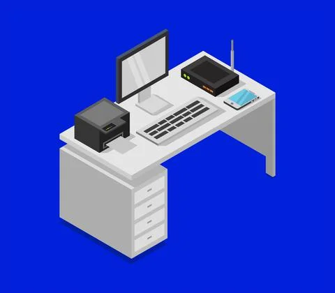 Vector isometric office desk on white background Stock Illustration