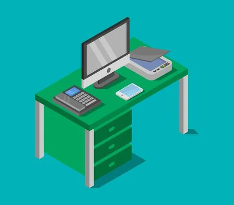 Vector isometric office desk on white background 스톡 일러스트