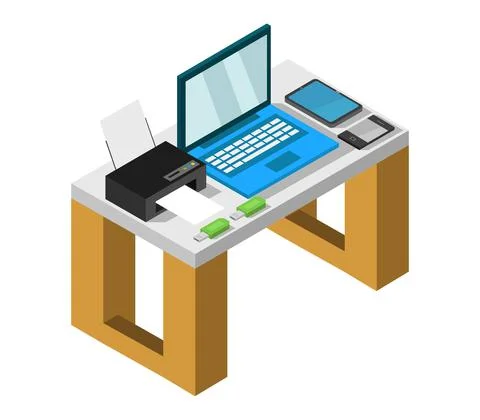 Vector isometric office desk on white background Stock Illustration