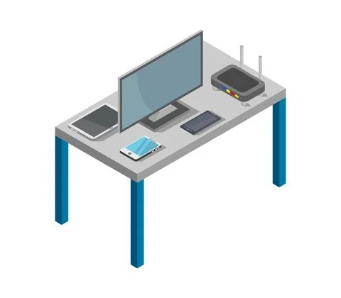 Vector isometric office desk on white background Stock Illustration
