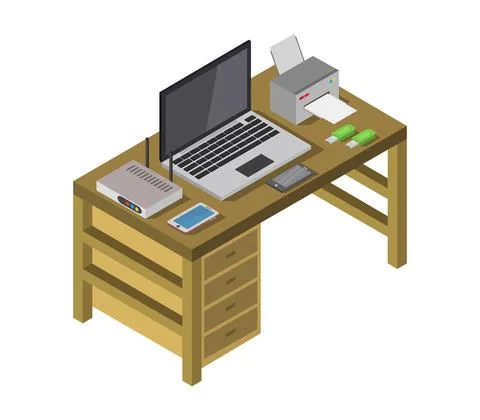 Vector isometric office desk on white background Stock Illustration