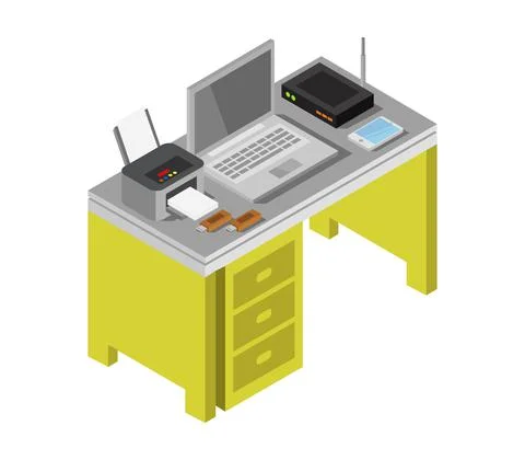 Vector isometric office desk on white background 스톡 일러스트