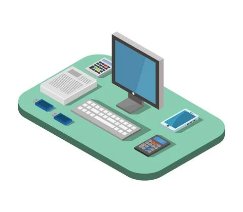 Vector isometric office desk on white background 스톡 일러스트