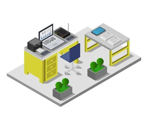 Vector isometric office desk on white background Stock Illustration