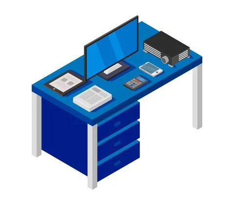 Vector isometric office desk on white background Stock Illustration