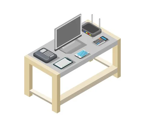 Vector isometric office desk on white background Stock Illustration