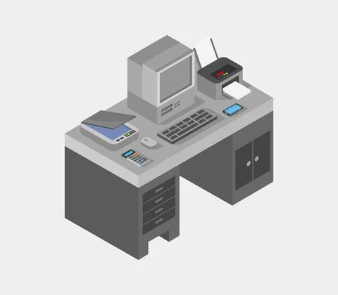 Vector isometric office desk on white background 스톡 일러스트