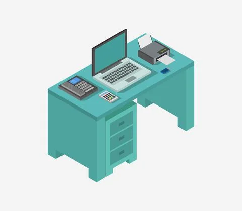 Vector isometric office desk on white background 스톡 일러스트