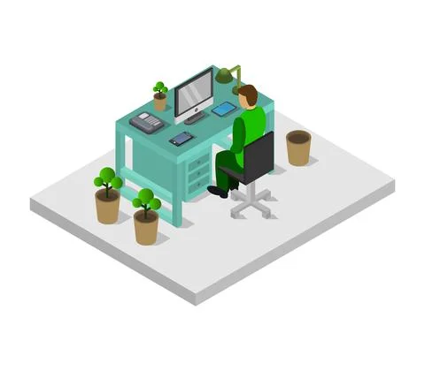 Vector isometric office desk on white background Stock Illustration