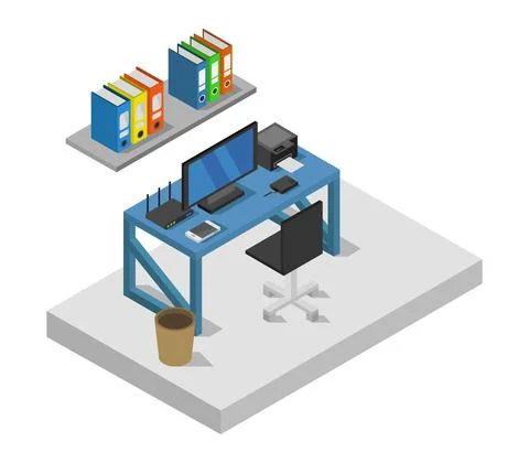 Vector isometric office desk on white background Stock Illustration