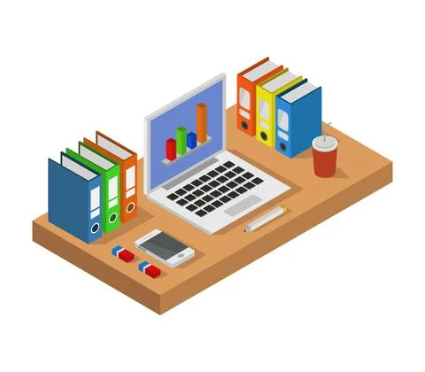 Vector isometric office desk on white background Stock Illustration