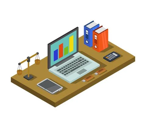 Vector isometric office desk on white background Stock Illustration