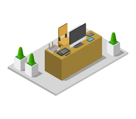 Vector isometric office desk on white background Stock Illustration