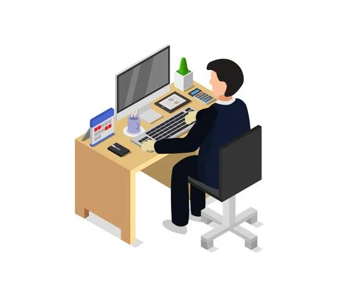 Vector isometric office desk on white background Stock Illustration