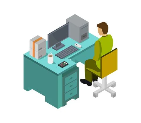 Vector isometric office desk on white background 스톡 일러스트