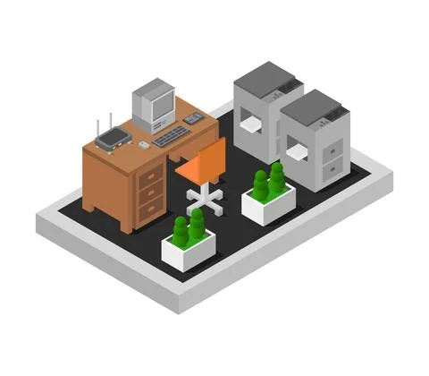 Vector isometric office desk on white background Stock Illustration