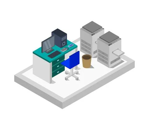Vector isometric office desk on white background 스톡 일러스트