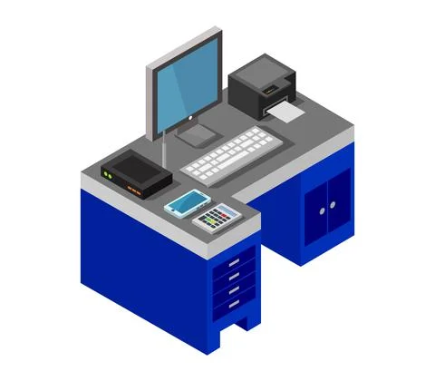 Vector isometric office desk on white background Stock Illustration