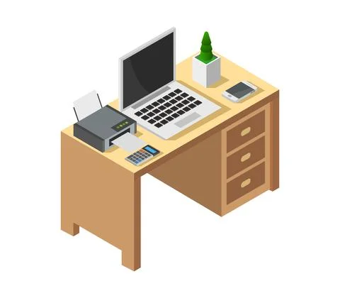 Vector isometric office desk on white background Stock Illustration
