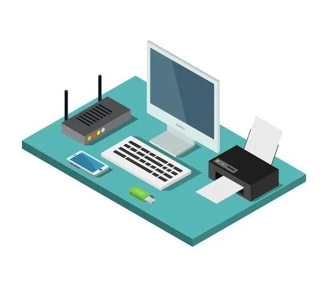 Vector isometric office desk on white background Stock Illustration