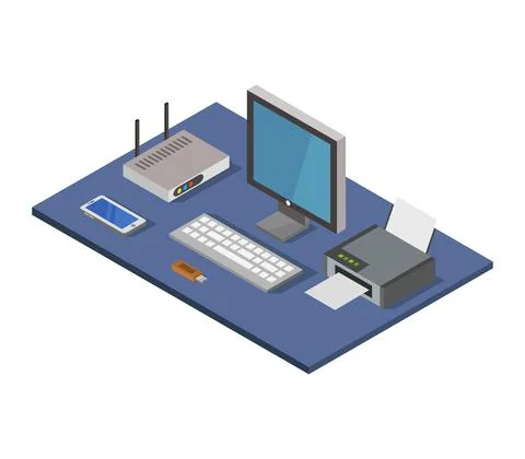 Vector isometric office desk on white background Stock Illustration