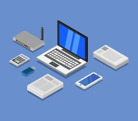 Vector isometric office desk on white background Stock Illustration