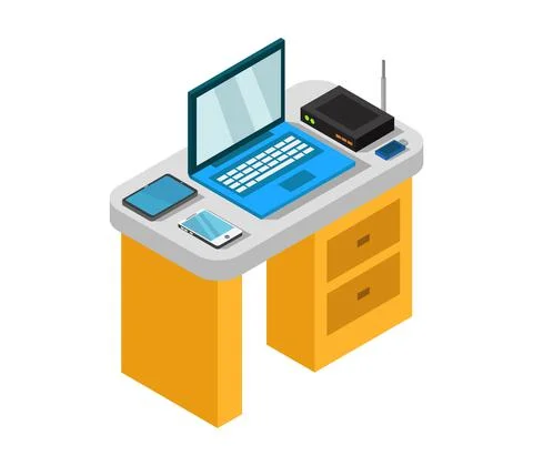 Vector isometric office desk on white background Illustrazione stock