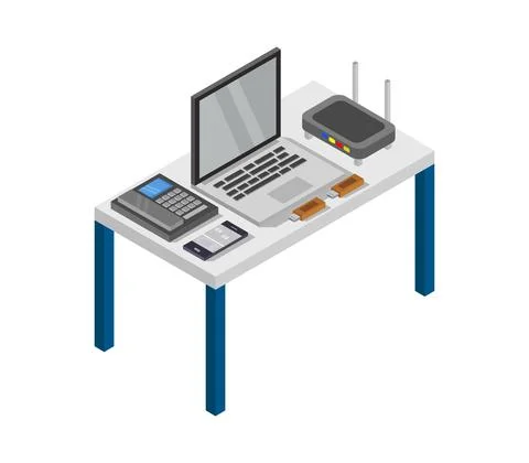 Vector isometric office desk on white background Stock Illustration