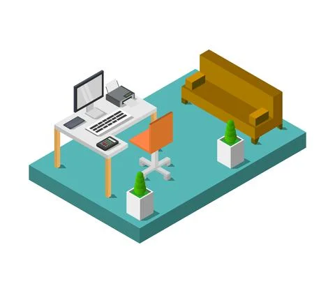 Vector isometric office desk on white background 스톡 일러스트