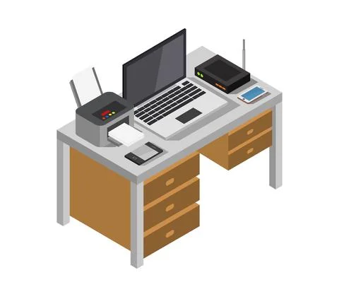 Vector isometric office desk on white background Stock Illustration
