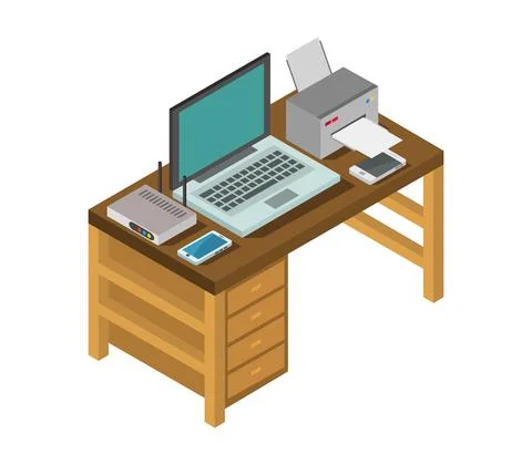 Vector isometric office desk on white background Stock Illustration