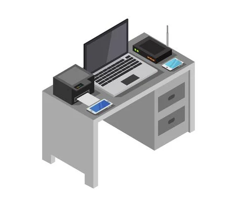 Vector isometric office desk on white background 스톡 일러스트