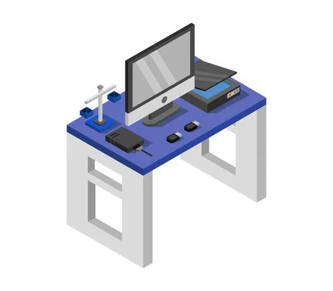 Vector isometric office desk on white background Stock Illustration