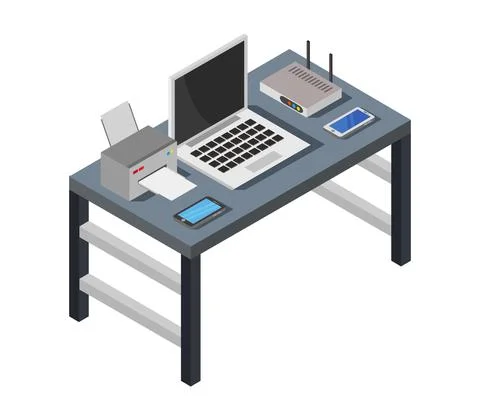 Vector isometric office desk on white background Stock Illustration