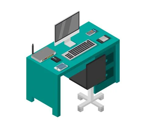 Vector isometric office desk on white background 스톡 일러스트