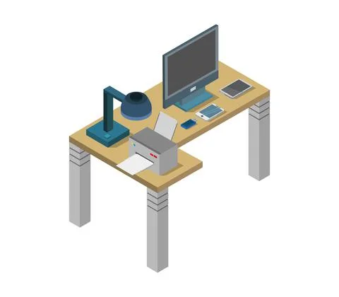 Vector isometric office desk on white background Stock Illustration