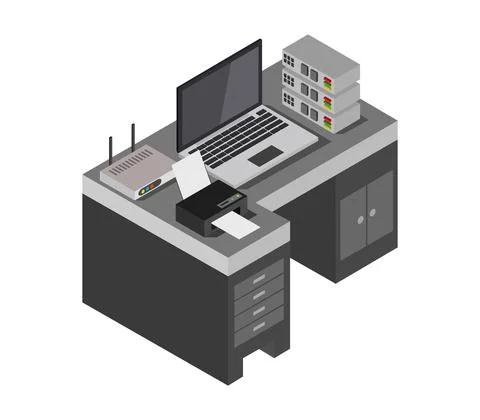 Vector isometric office desk on white background 스톡 일러스트