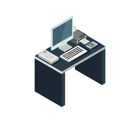 Vector isometric office desk on white background 스톡 일러스트