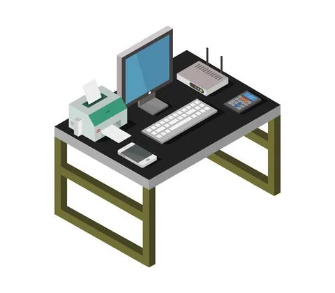 Vector isometric office desk on white background Stock Illustration