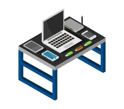 Vector isometric office desk on white background Illustrazione stock