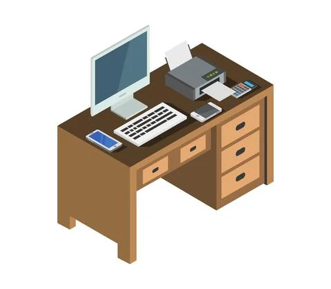 Vector isometric office desk on white background Stock Illustration