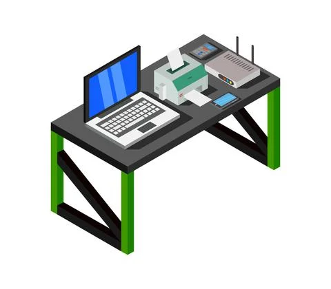 Vector isometric office desk on white background Stock Illustration