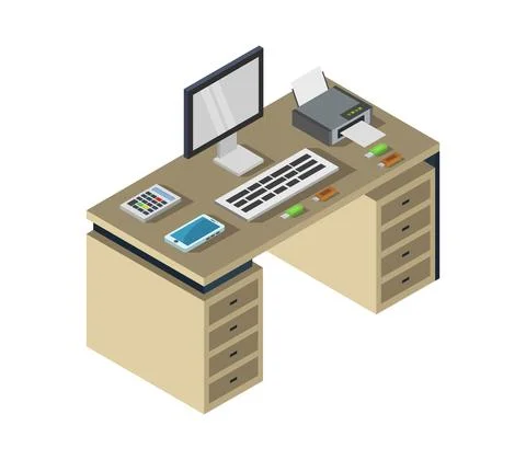 Vector isometric office desk on white background Stock Illustration